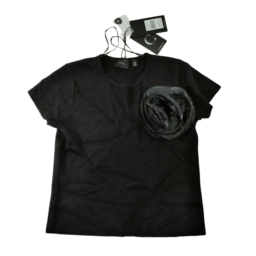 CYRUS Black Textured‎ Knit Short Sleeve T-Shirt with Fabric Flower Accent XS